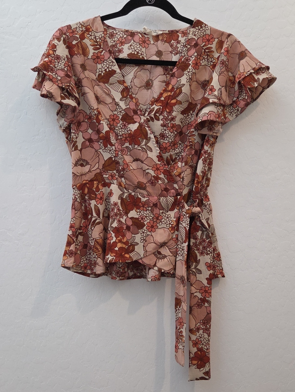 meraki Floral Wrap Peplum Top in Pink and Rust